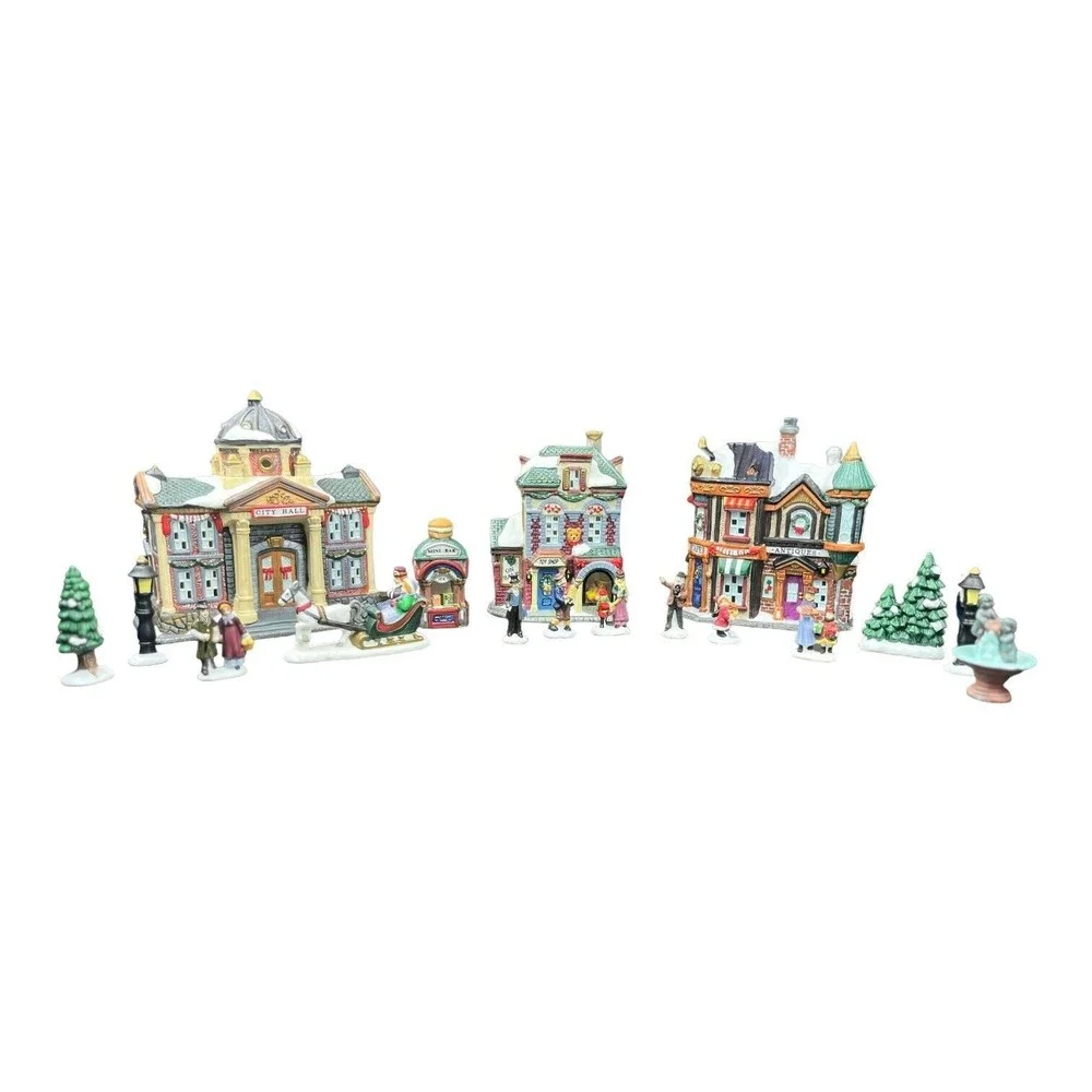 Galleria Hand Painted Porcelain Collectable Christmas Village Set 17 Pieces - Picture 7 of 7